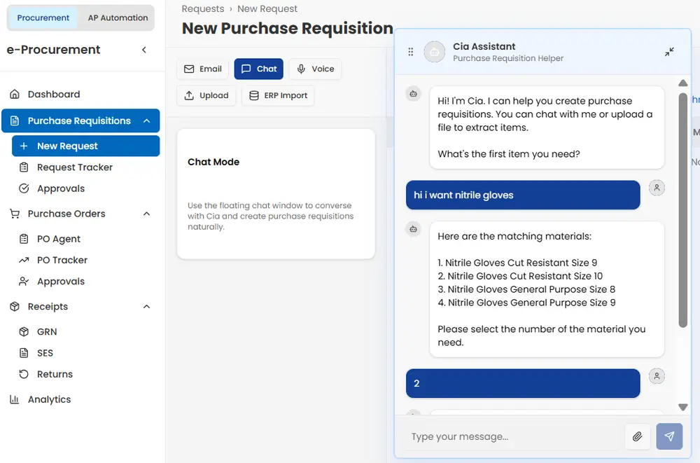 Cantill intake screen — Cia Assistant turning a chat request into a purchase requisition